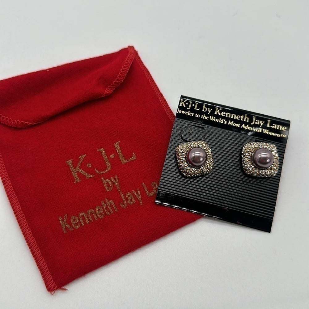 KJL Kenneth Jay Lane Vintage Faux Purple Pearl & Pave Pierced Earrings - Picture 1 of 5